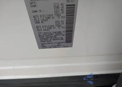 2013 Infiniti Jx35 z USA, uszkodzony, nr VIN 5N1AL0MN3DC310094